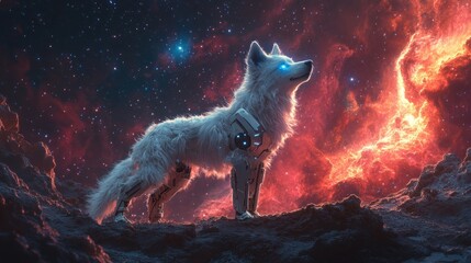Cybernetic wolf gazing at nebula.