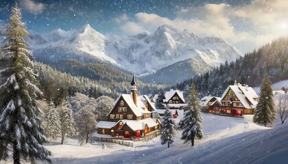 A magical winter scene of Santaâ€™s hidden village tucked behind snow-covered mountains, surrounded by lush Christmas trees, twinkling lights, and a serene holiday atmosphere.