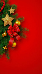 Obraz premium Elegant Christmas Tree Branch with Gold Ornaments and Red Bow