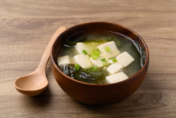 Miso soup with tofu, wakame seaweed and spring onion, Traditional Japanese soup
