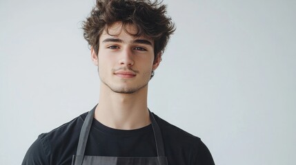 Obraz premium Young male chef dressed in a black t-shirt and apron, smiling confidently against a plain white background.