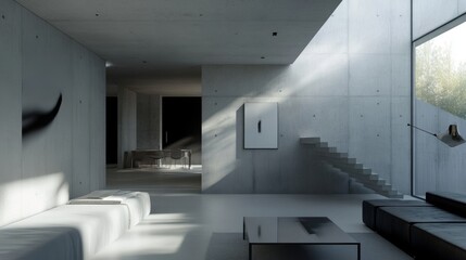 A Sichtbeton wall with its raw, exposed concrete texture, offering a minimalist, industrial aesthetic that contrasts with softer, more refined elements in a modern space.