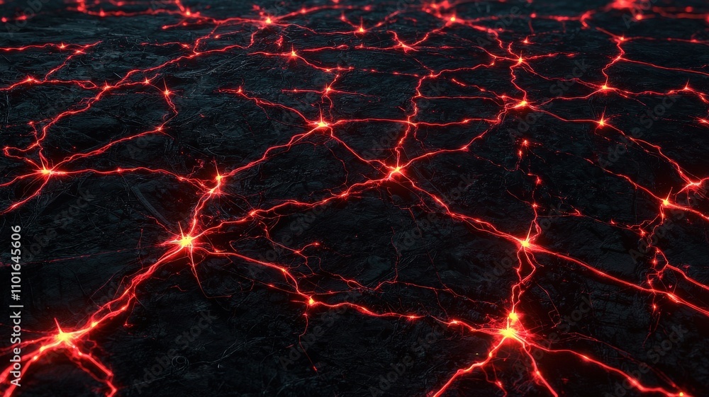 Poster peak energy demand concept. a dark surface illuminated by glowing red lines, resembling lava flows o