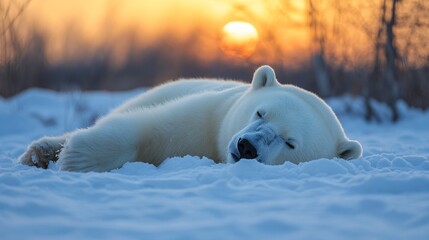 Naklejka premium A peaceful polar bear sleeping on snow with a sunset backdrop.
