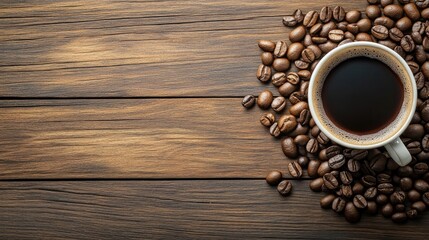 Cup of coffee surrounded by coffee beans on a rustic wooden counter with ample space for adding text or graphics