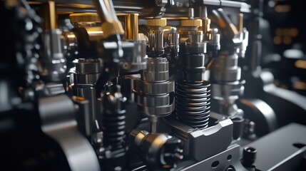 Naklejka premium Interior of a car engine with visible spark plugs, fuel injectors, and cylinder heads. The intricate arrangement highlights the advanced technology of modern engines.