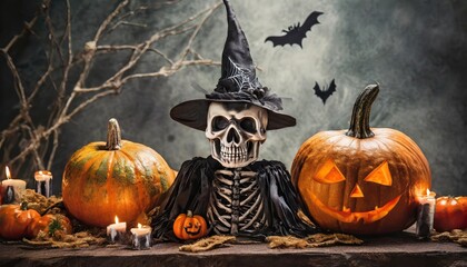 Scary and Spooky Halloween Season Image Featuring Monster Skull and Crossbones, Halloween Witch with Pumpkin, Eerie Atmosphere Perfect for Celebrating Frights and Chills of October Nights
