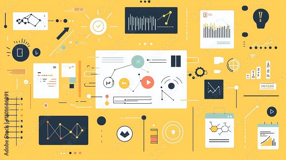 Poster abstract illustration of interconnected data analysis and workflow processes.