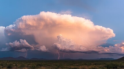 Fototapeta premium A stormy cloud-filled sky with lightning bolts striking down, creating a dramatic and intense natural backdrop, perfect for a mood of tension and power.