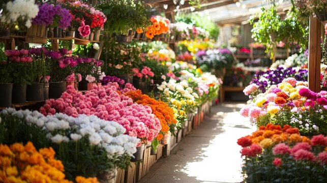 Fototapeta A vibrant flower market filled with colorful blooms and lush greenery, inviting visitors to explore.