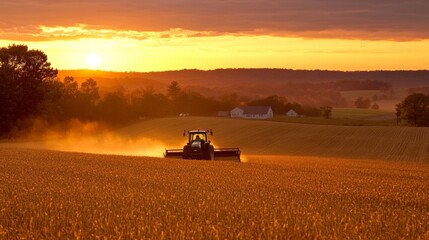 Fototapeta premium A tractor plows through a golden field at sunset on a Maryland farm, with the sky ablaze in warm colors, illustrating the hard work and beauty of rural life.