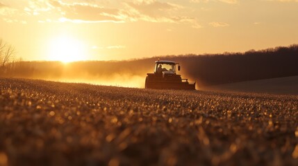 Fototapeta premium A tractor plows through a golden field at sunset on a Maryland farm, with the sky ablaze in warm colors, illustrating the hard work and beauty of rural life.