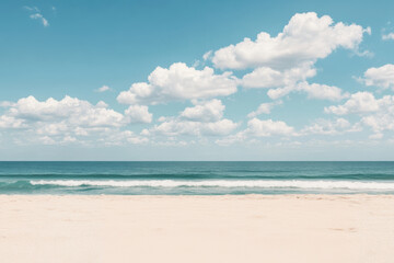 Relaxing summer beach with gentle waves, warm sunshine, and pristine sand, perfect for tropical getaway themes.