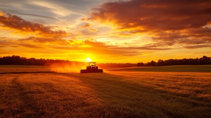 A tractor plows through a golden field at sunset on a Maryland farm, with the sky ablaze in warm colors, illustrating the hard work and beauty of rural life.