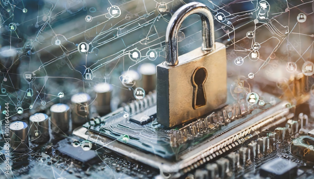 Poster explore a cybersecurity concept featuring a close-up of a computer motherboard, emphasizing secure c