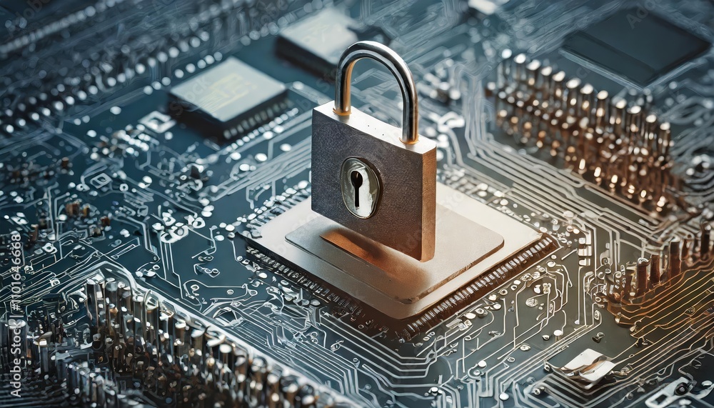 Poster enhancing secure connections with advanced cybersecurity services: closeup of a computer motherboard