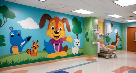 Childfriendly murals in pediatric areas featuring cartoon animals
