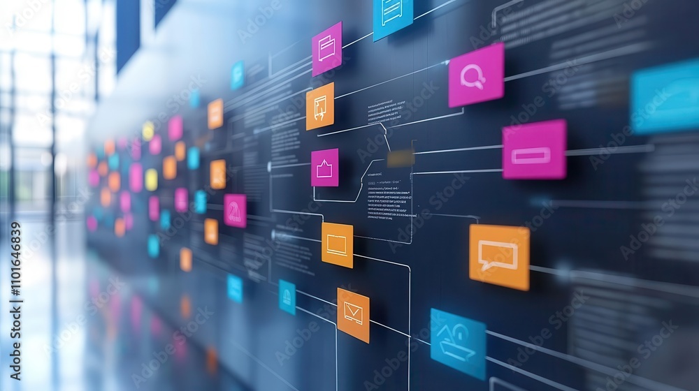 Poster a visually engaging wall display featuring colorful icons and interconnected lines, showcasing a net