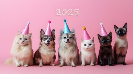 Cute dogs and cats celeberate 2025 Happy New Year ,Animal Party ,wear party hats, with "2025" written in a playful by fun font.