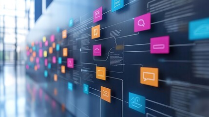 A visually engaging wall display featuring colorful icons and interconnected lines, showcasing a network or flow of information in a modern environment.