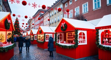 Christmas markets with stalls decorated in red and white themes