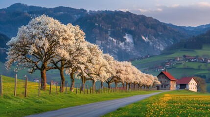 Charming countryside road bordered by blooming trees, showcasing the beauty of vibrant springtime.