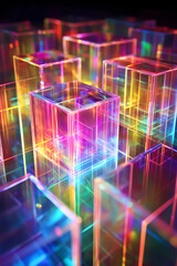 Illustration de cubes transparents liés par des faisceaux lumineux