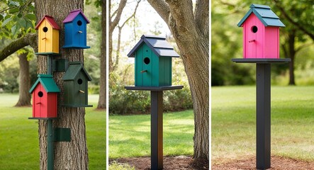 Colorful birdhouses mounted on trees or standalone posts
