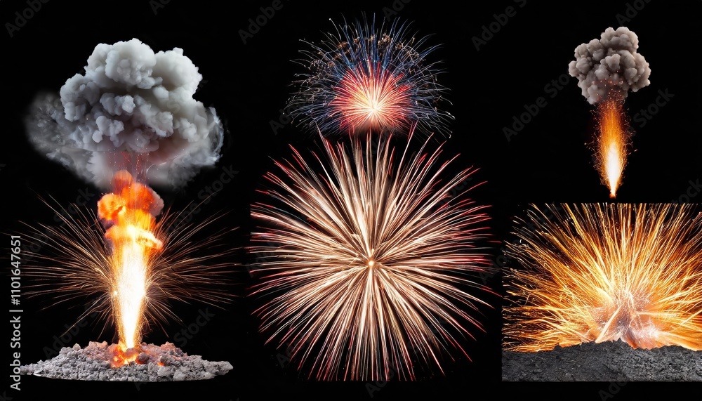 Poster a dynamic collection of explosion graphics isolated on a transparent background, featuring realistic