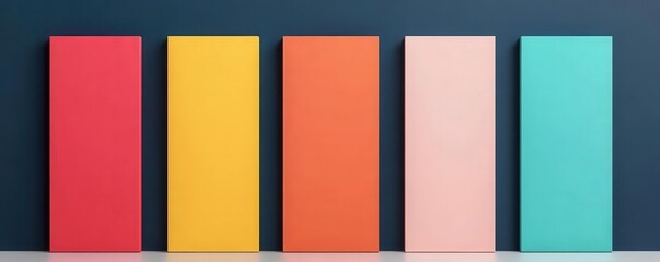 Fototapeta premium A vibrant arrangement of colorful panels against a dark wall, showcasing a spectrum of bright hues from red to teal.
