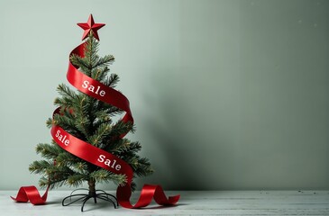 Red ribbon is twisted in a spiral around the Christmas tree. Christmas sale decoration. Space for text
