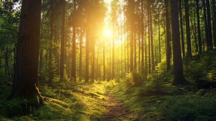 Obraz premium Sunlight shining through the trees in a lush forest.