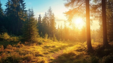Obraz premium Sunrise in a beautiful pine forest.