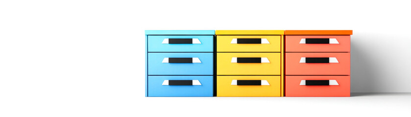 A colorful, modern cabinet with drawers in blue, yellow, and red, designed for organization and storage in contemporary spaces.