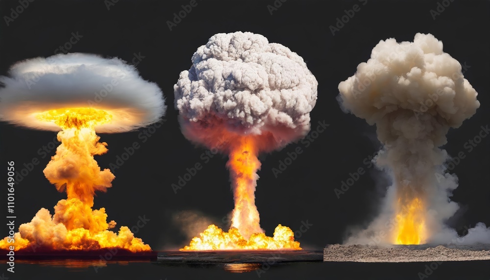 Poster set of realistic nuclear explosions and mushroom clouds with transparent background - high-quality i