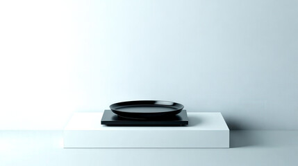 A minimalist scene featuring a sleek black plate atop a white surface against a plain wall, emphasizing simplicity and modern design.