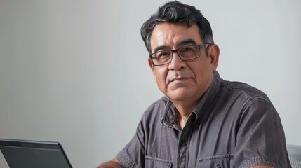 A middle-aged man with short dark hair and glasses sits in front Of a laptop wearing a gray shirt.