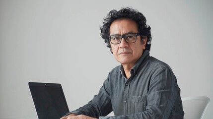 A man with glasses and dark hair dressed in a dark gray shirt sits at a desk with a laptop in front Of him.