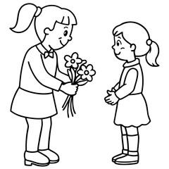  little girl gives a bouquet of flowers to her teache