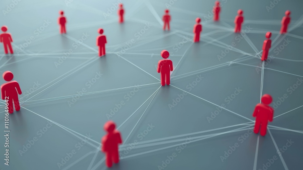Poster a 3d rendering featuring red human figures connected by lines on a dark, bluish background. the imag