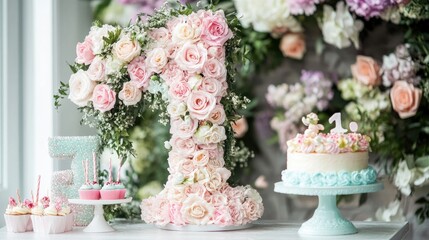 First birthday celebration setup featuring a floral number 1 made of pastel blooms, accompanied by...