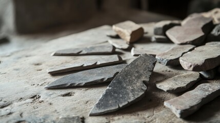  Close-up of ancient stone tools, sharp flint knives, and polished axes on a weathered wooden surface, symbolizing prehistoric craftsmanship and the dawn of human ingenuity.