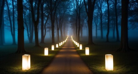 Obraz premium Fogfilled pathways with eerie lighting for nighttime adventures