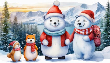 Beautiful set of watercolor characters isolated on a clean white background, featuring a polar bear, a playful fox, a cheerful penguin, and a festive snowman, perfect for seasonal designs.