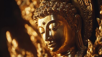 Obraz premium Phra Buddha Chinnarat, one of Thailand most revered Buddha images, enshrined in Wat Phra Sri Rattana Mahathat. The intricate golden craftsmanship glows under soft temple lighting.