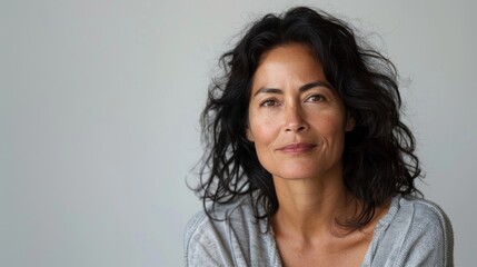 Fototapeta premium The image features a woman with dark wavy hair and a light gray sweater posing in front Of a plain white wall.