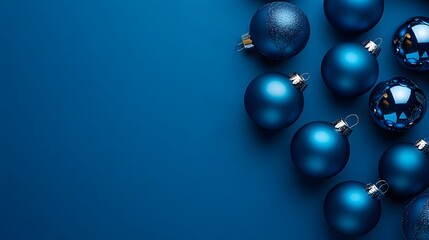 Blue Christmas Ornaments Arranged on a Dark Blue Background