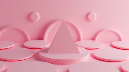 Fototapeta premium A central pink triangle stands tall amid layered circular forms in a harmonious, geometric arrangement. This pastel-hued 3D rendering creates a sense of order and tranquility, perfect for abstract