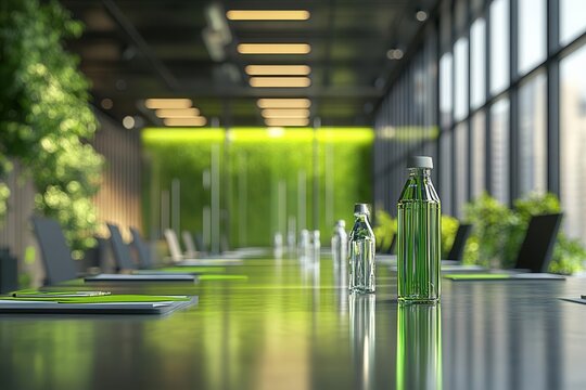 Investors and advisors discussing responsible waste reduction investments, modern meeting room with green accents, photo-realistic, impactful collaboration