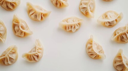 Bite-sized Asian dumplings with edible gold, stark white background 